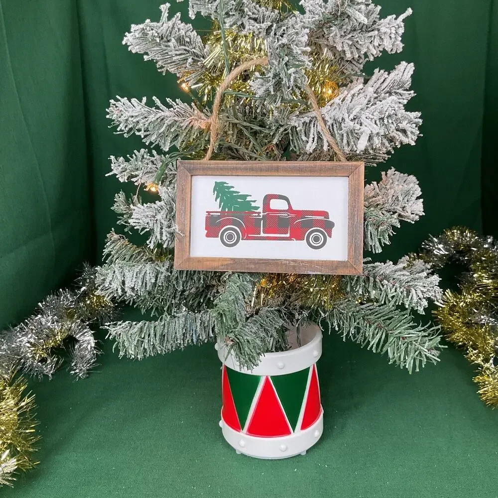 Framed Buffalo Plaid Red Truck Christmas Sign Ornament | Rustic Wooden Holiday